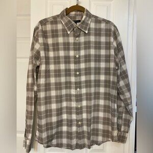John Varvatos USA Shirt Men M Grey Brown PlaiID  Long Sleeve Button Lightweight